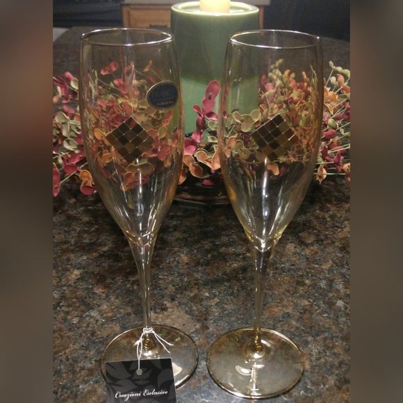 Franco-Italian Other - Franco-Vetterie e' Cristal Erie Iridescent Amber Champagne Flutes